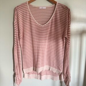 Elegant Striped V-Neck Sweater - Pink and Cream